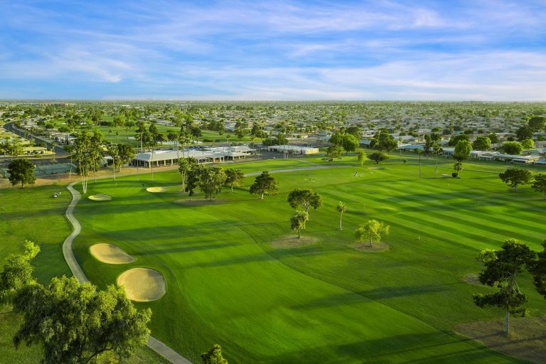 Golf range with mountain views at Palmbrook Golf Club in Sun City, AZ